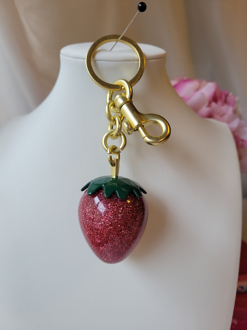 Gold-Tone Strawberry Glitter Keychain/Bag Charm